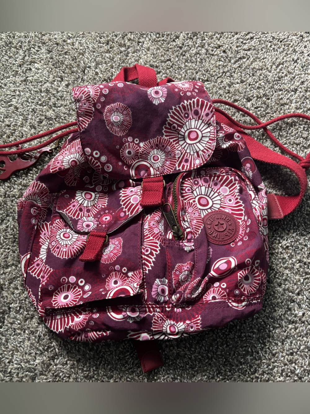 Kipling Maroon Floral Drawstring Backpack with Pink Accents